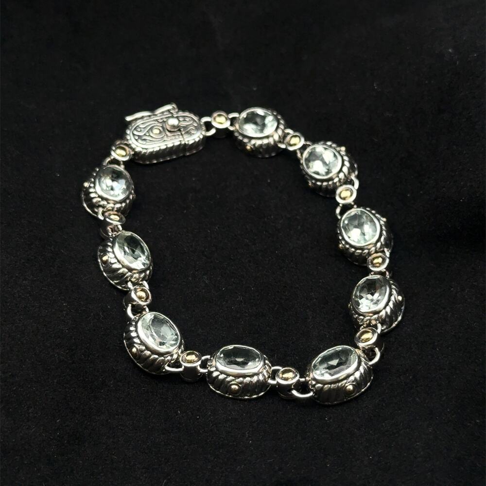 BJC 925 Sterling Silver 18K Gold Blue Gemstone Link Bracelet 7"